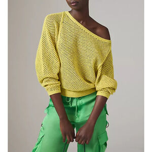 Pilcro Womens Open-Stitch Crewneck Jumper Sweater Pullover Yellow Size XL